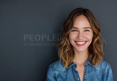 Buy stock photo Portrait, woman and happy by studio background for mindset, creative career and designer. Gen z girl, isolated smile and entrepreneur with mockup for startup, mission and professional goals in Canada