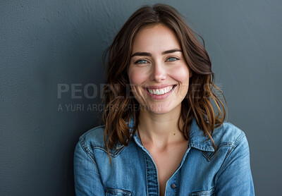 Portrait, beauty and smile of woman with hair in studio isolated on gray wall background in Switzerland. Face, happy and model in casual clothes for fashion, trendy or natural skin of stylish student