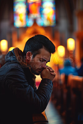 Buy stock photo God, worship and sad man with church prayer, trust and gratitude, praise and holy, surrender or peace. Hope, help and praying temple to Jesus for support, thank you and spiritual, guide or balance