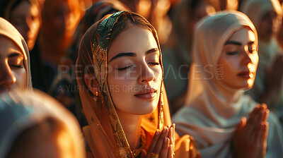 Buy stock photo Muslim, worship and women outdoor for prayer with light, belief or spirituality, peace and sacred, journey or healing. Islamic, travel or group in Mecca for Hajj, Ramadan Kareem or Eid in holy city