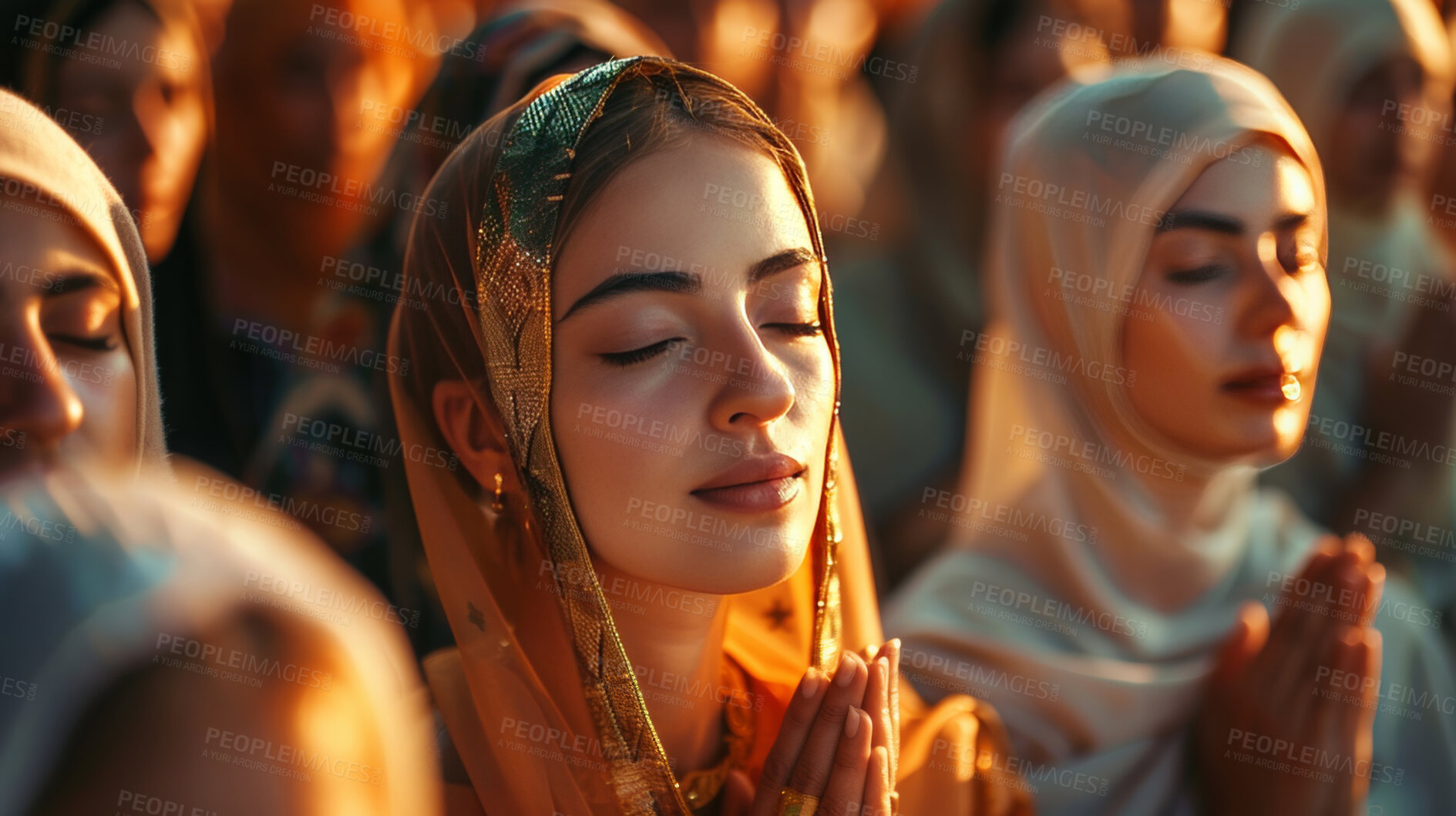 Buy stock photo Muslim, worship and women outdoor for prayer with light, belief or spirituality, peace and sacred, journey or healing. Islamic, travel or group in Mecca for Hajj, Ramadan Kareem or Eid in holy city