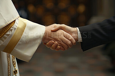 Buy stock photo Handshake, priest and business man with agreement, secret deal and closeup in church for money laundering. People, shaking hands and mafia with religion, crime and support with thank you at chapel