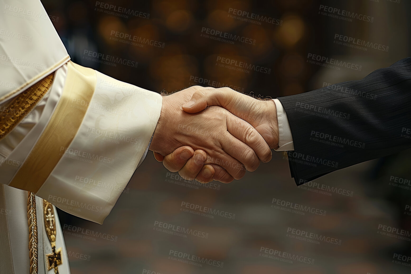 Buy stock photo Handshake, priest and business man with agreement, secret deal and closeup in church for money laundering. People, shaking hands and mafia with religion, crime and support with thank you at chapel