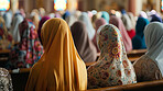 Women, prayer and congregation in mosque for worship to God or Allah for religious belief in Islam. People, hijab and muslim garments for cultural tradition, spiritual freedom and connection to faith