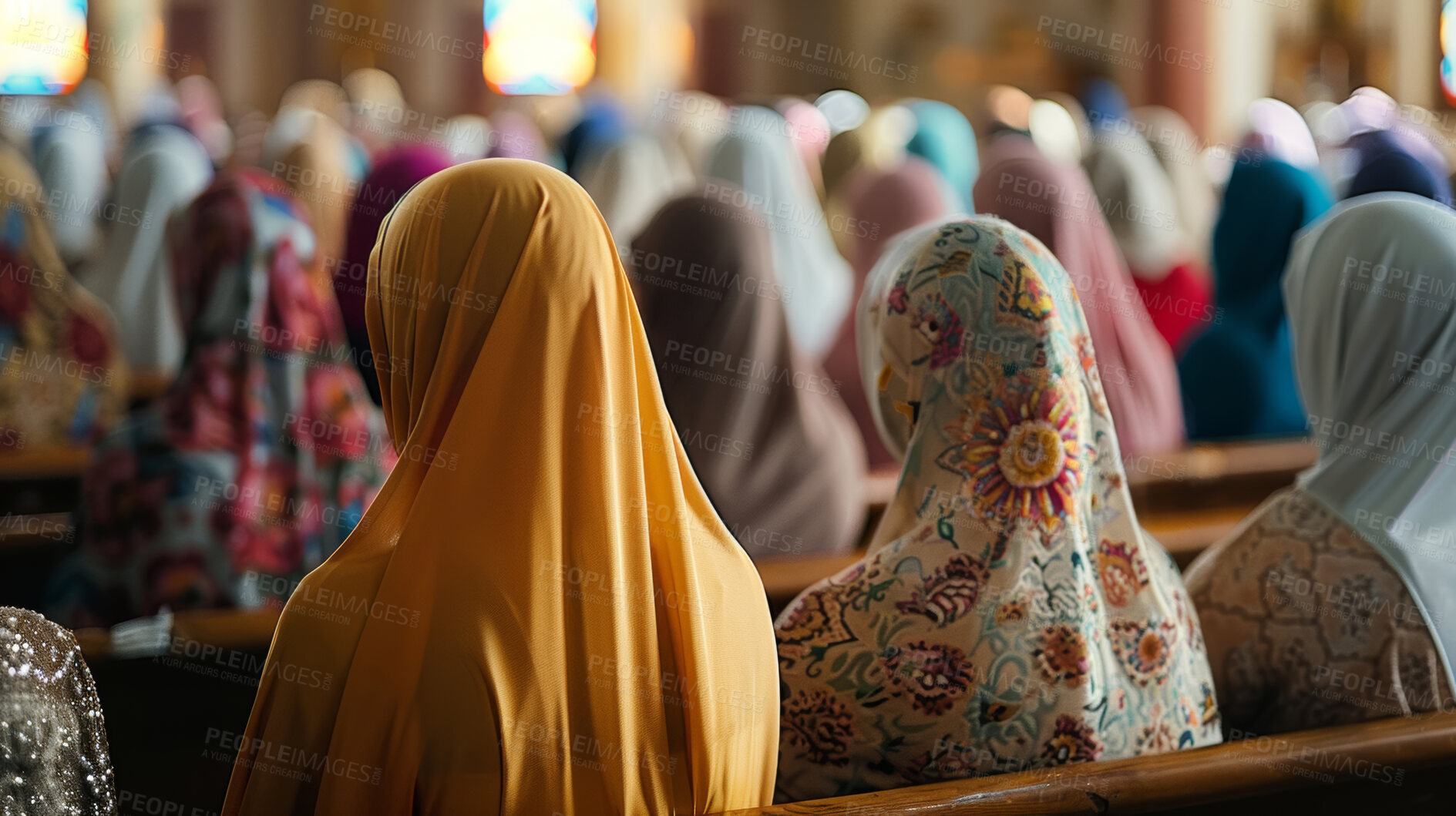 Buy stock photo Women, prayer and congregation in mosque for worship to God or Allah for religious belief in Islam. People, hijab and muslim garments for cultural tradition, spiritual freedom and connection to faith