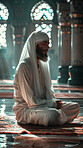 Man, sitting or mosque in prayer for Islam or faith, worship in temple with praise. Male person, praying or dua on floor with spiritual for Allah, hope or connection to heaven through Ramadan or Eid