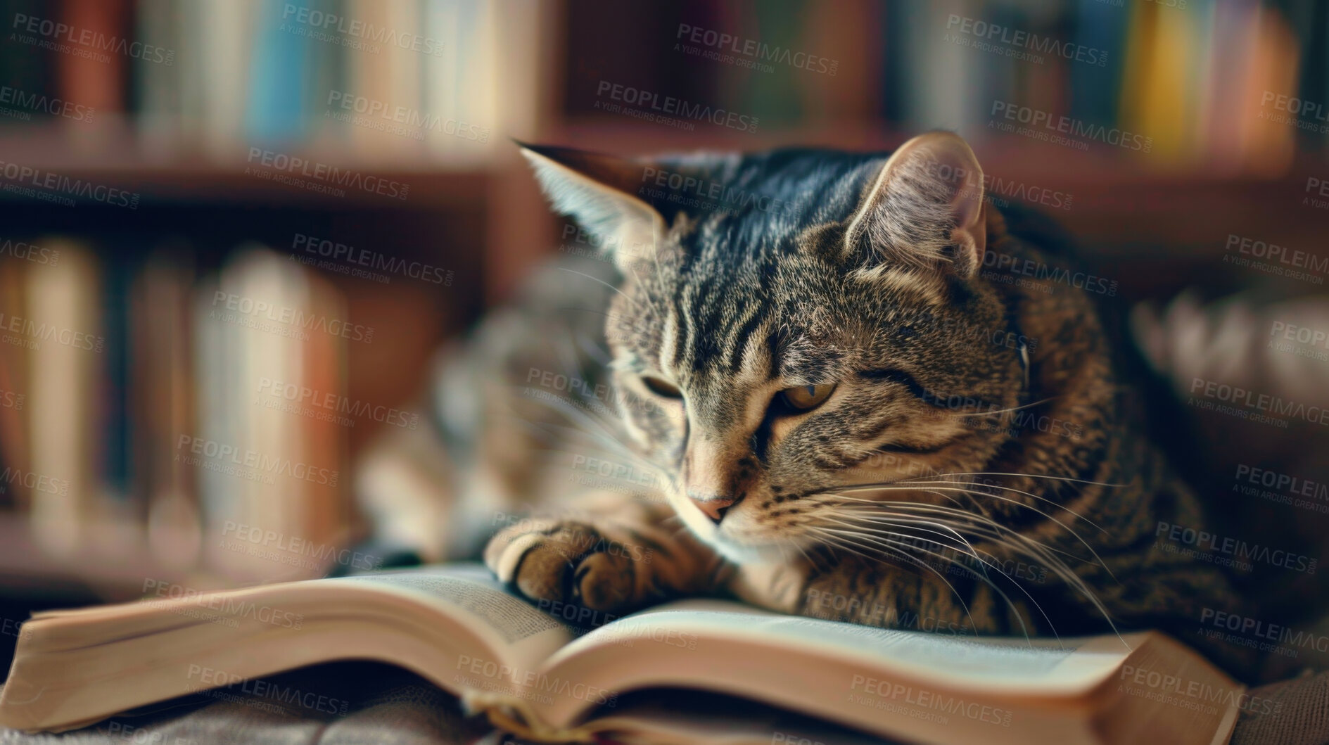 Buy stock photo Relax, book and cat in house, relax and knowledge with poster for world literacy day, library and animal. Feline, research and book with hobby, motivation and furry with pet, blur background and calm