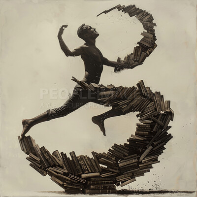 Man, running and books with knowledge creativity or abstract art for literature, reading or information. Male person, learning and pile or stack on brown background or academic, career or inspiration