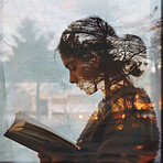 Relax, double exposure and woman with book, trees and learning for inspiration, information or fantasy. Knowledge, nature and overlay of girl reading story with imagination, education and creativity 