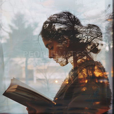 Relax, double exposure and woman with book, trees and learning for inspiration, information or fantasy. Knowledge, nature and overlay of girl reading story with imagination, education and creativity