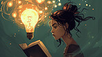 Relax, illustration and woman with book, light bulb and learning for inspiration, information or fantasy. Knowledge, idea and drawing of girl reading story with imagination, education and creativity 