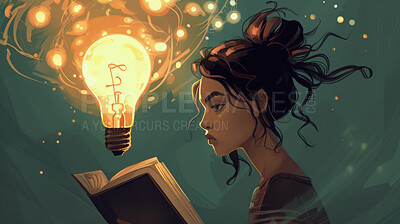 Relax, illustration and woman with book, light bulb and learning for inspiration, information or fantasy. Knowledge, idea and drawing of girl reading story with imagination, education and creativity