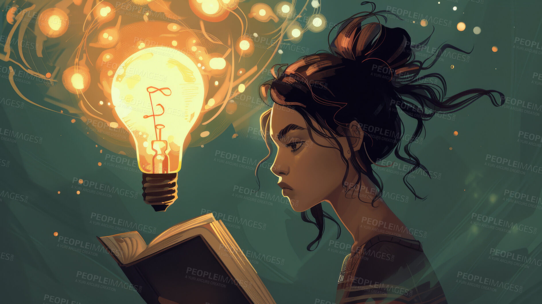 Buy stock photo Relax, illustration and woman with book, light bulb and learning for inspiration, information or fantasy. Knowledge, idea and drawing of girl reading story with imagination, education and creativity 