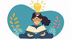 Happy woman, cartoon and illustration with book for reading, knowledge or idea on a white background. Vector graphic, female person or student for insight on academic literature, study or development