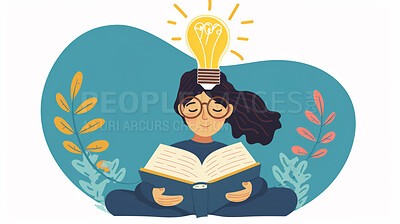 Buy stock photo Happy woman, cartoon and illustration with book for reading, knowledge or idea on a white background. Vector graphic, female person or student for insight on academic literature, study or development