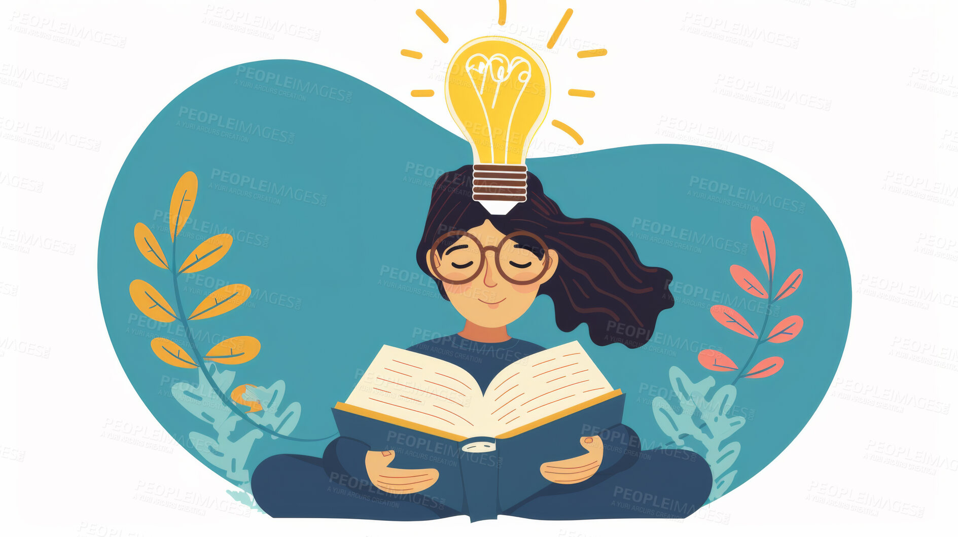 Buy stock photo Happy woman, cartoon and illustration with book for reading, knowledge or idea on a white background. Vector graphic, female person or student for insight on academic literature, study or development