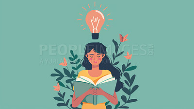 Learning, illustration and woman with book, light bulb and relax for inspiration, information or fantasy. Knowledge, idea and drawing of girl reading story with imagination, education and creativity