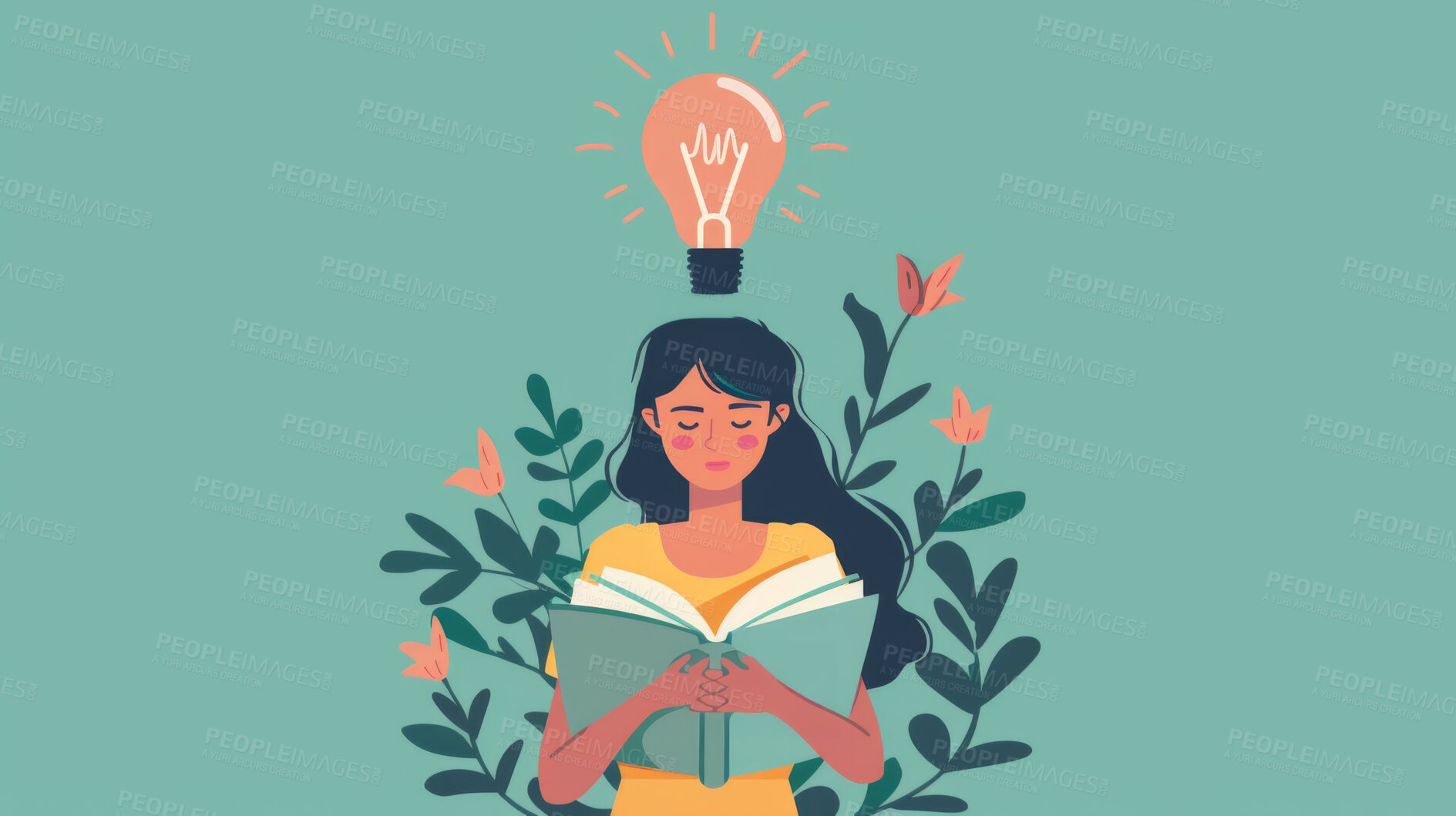 Buy stock photo Learning, illustration and woman with book, light bulb and relax for inspiration, information or fantasy. Knowledge, idea and drawing of girl reading story with imagination, education and creativity 