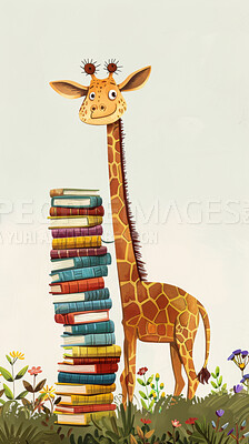 Illustration, animal and giraffe with books for childhood development, learning or education. Vector graphic for kindergarten library, pile or stack in creativity, imagination or study of wild life