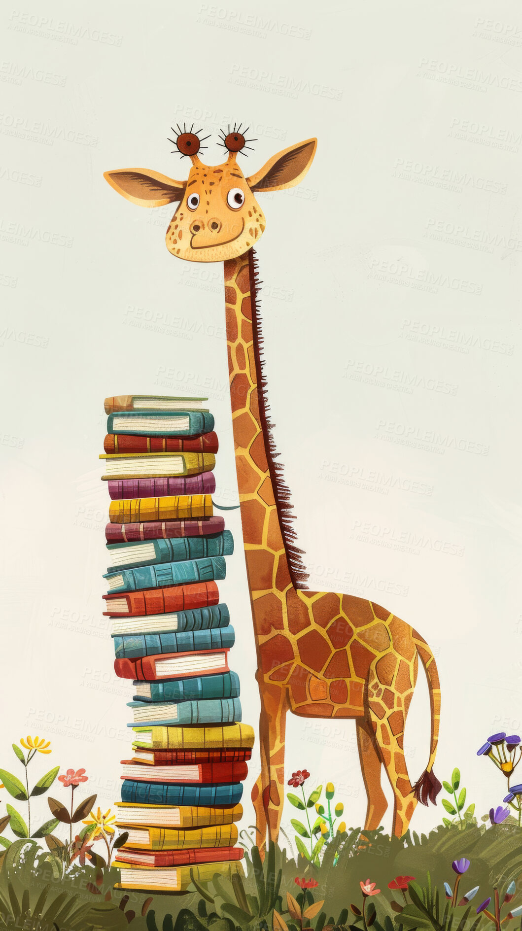 Buy stock photo Illustration, animal and giraffe with books for childhood development, learning or education. Vector graphic for kindergarten library, pile or stack in creativity, imagination or study of wild life