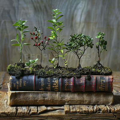 Stack, books and plants growth for learning, gothic study and history journal for knowledge. Trees, sustainable paper and eco friendly literature or hobby of culture, education and pile for reading