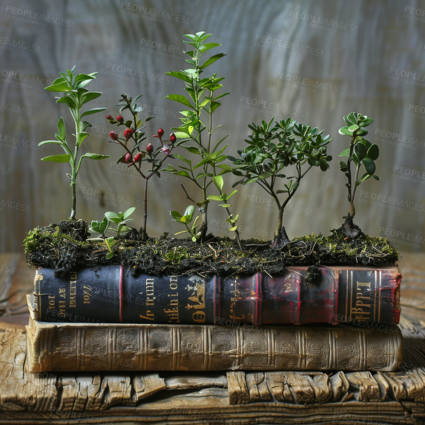 Buy stock photo Stack, books and plants growth for learning, gothic study and history journal for knowledge. Trees, sustainable paper and eco friendly literature or hobby of culture, education and pile for reading