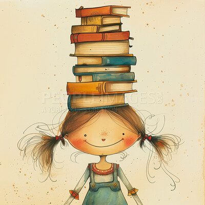 Cartoon girl, books and pile with colorful illustration for knowledge, learning or education on green background. Graphic of happy little child, female person or kid with smile for novel or study