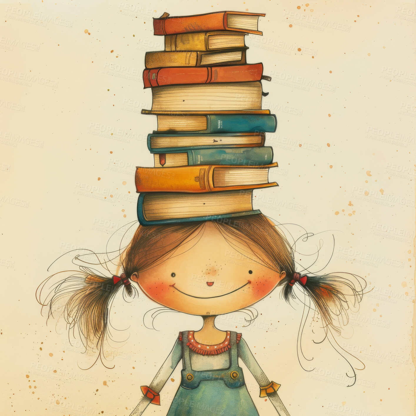 Buy stock photo Cartoon girl, books and pile with colorful illustration for knowledge, learning or education on green background. Graphic of happy little child, female person or kid with smile for novel or study