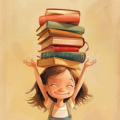 Cartoon girl, books and stack with colorful illustration for knowledge, learning or education on brown background. Graphic of happy little child, female person or kid with smile for novel or study