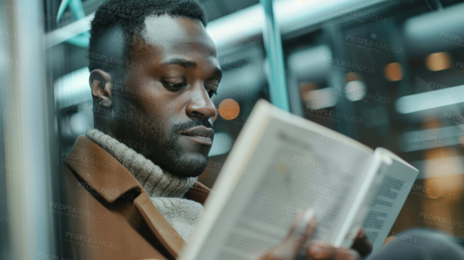 Buy stock photo Black man, train and reading with book for knowledge, story or literature in travel to subway station. African or male person with novel for information or learning language in commute or immigration