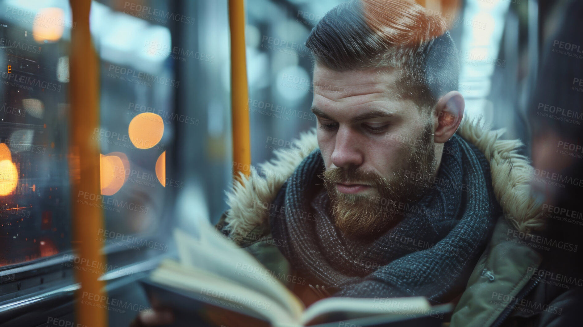 Buy stock photo Man, railway and reading with book at night for knowledge, story or literature in train, travel or subway station. Male person and novel for information or learning language in commute or immigration