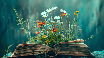 Book, fantasy and ideas with plants, growth and story development in knowledge, inspiration and insight. Reading, nature and storytelling with learning, information and creativity in eco education