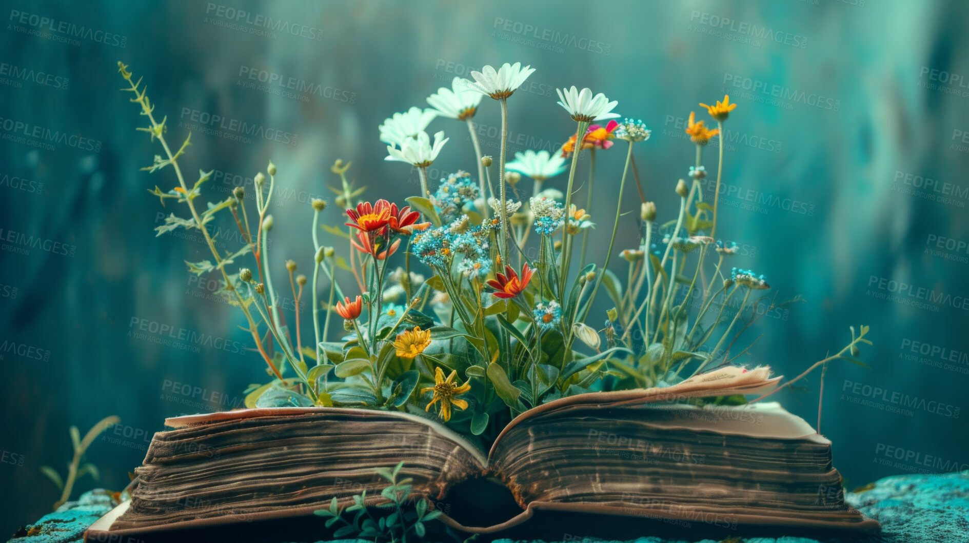 Buy stock photo Book, fantasy and ideas with plants, growth and story development in knowledge, inspiration and insight. Reading, nature and storytelling with learning, information and creativity in eco education