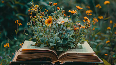 Book, nature and ideas with plants, growth and story development in knowledge, inspiration and insight. Reading, flowers and fantasy storytelling with learning, information or creativity in education