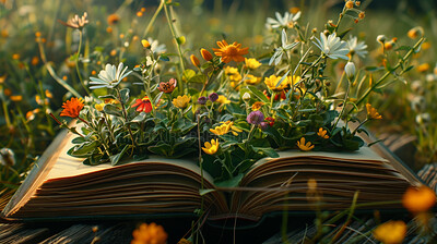 Book, fantasy and ideas with flowers, growth and story development in knowledge, inspiration and plants. Reading, nature and storytelling with learning, information and creativity in eco education