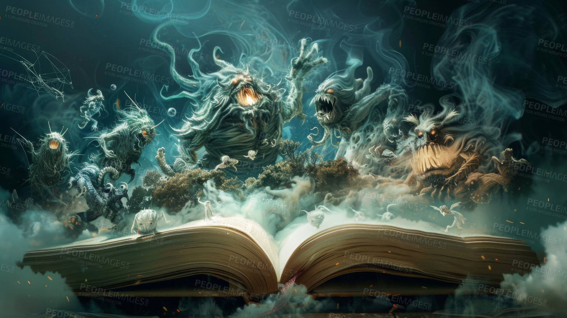 Buy stock photo Open, book and fantasy monster story with ideas, imagination and adventure in knowledge. Reading, culture development and folk storytelling with horror, information and creativity with inspiration