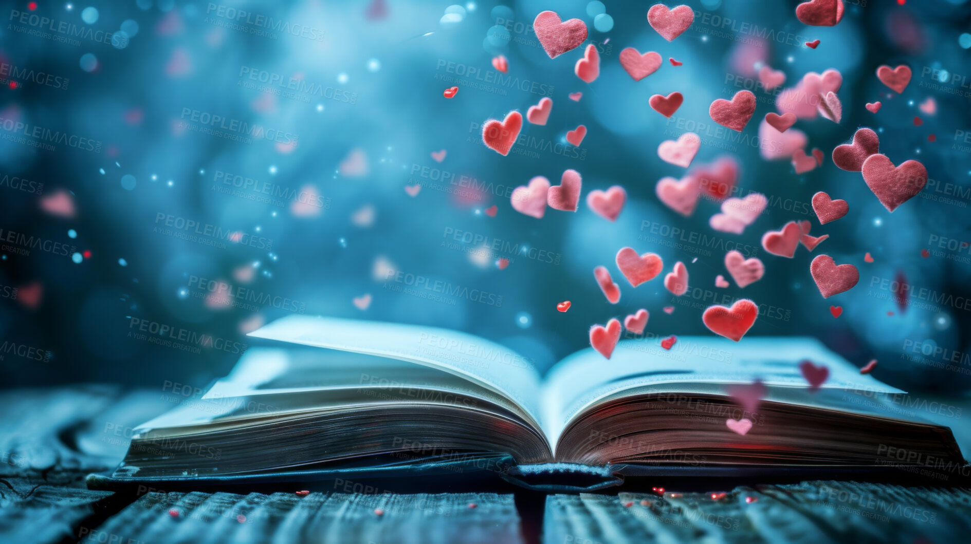 Buy stock photo Book, fantasy and heart with love story, ideas and adventure in knowledge, inspiration and insight. Reading, culture and storytelling with imagination, information and creativity with romance emoji