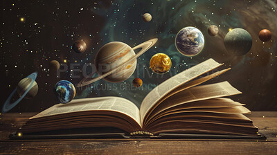 Open book, planet and space magic with stars for reading literature for constellation, cosmos or information. Words, studying and novel learning with galaxy knowledge as wallpaper, genre or universe