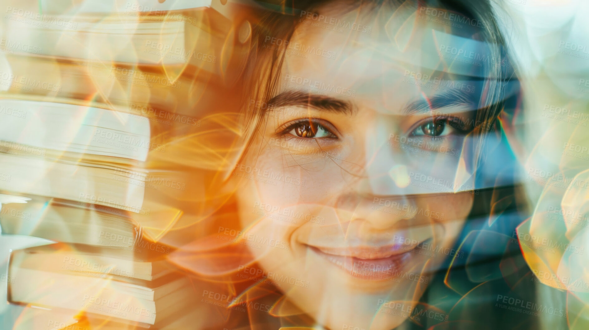 Buy stock photo Happy woman, portrait and books with overlay for knowledge, education or learning in double exposure. Face of young female person with novel or pile of textbooks for future, imagination or literature