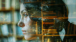 Woman, library and books in double exposure with research or information for education by university. Thinking, female student and youth for knowledge on exam or lecture for learning or studying 