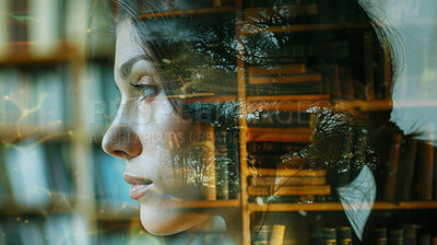 Woman, library and books in double exposure with research or information for education by university. Thinking, female student and youth for knowledge on exam or lecture for learning or studying