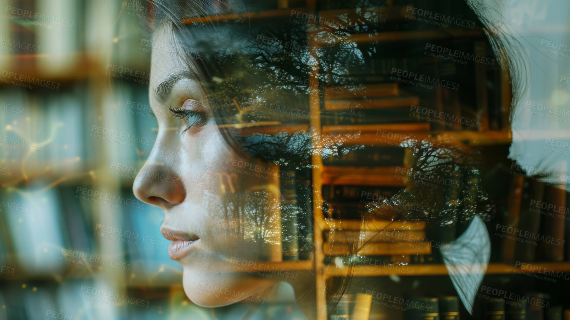 Buy stock photo Woman, library and books in double exposure with research or information for education by university. Thinking, female student and youth for knowledge on exam or lecture for learning or studying 