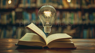 Book, education and light bulb in library for knowledge, inspiration and opportunity in mind growth. Reading, learning and storytelling with idea development, information and creativity in literature