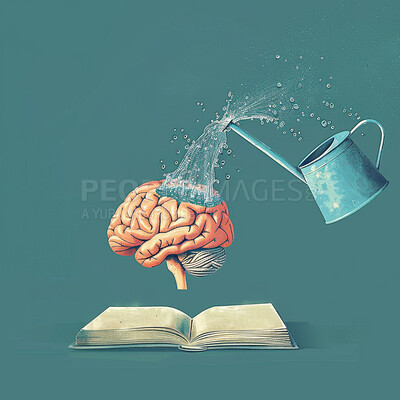 Book, brain and learning with growth, water and knowledge in illustration for development with information. Reading, studying and education with creative ideas, philosophy and feeding a curious mind