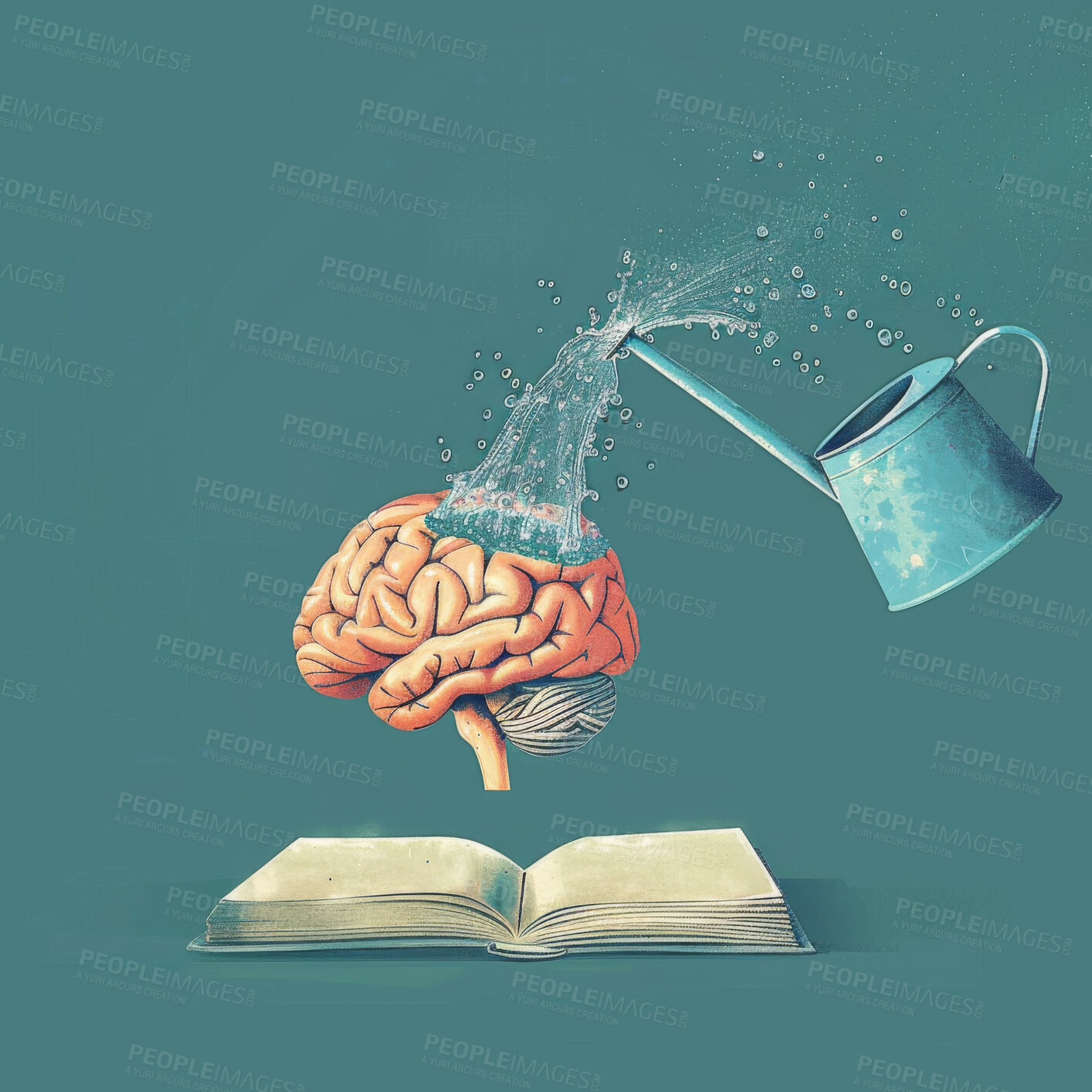 Buy stock photo Book, brain and learning with growth, water and knowledge in illustration for development with information. Reading, studying and education with creative ideas, philosophy and feeding a curious mind