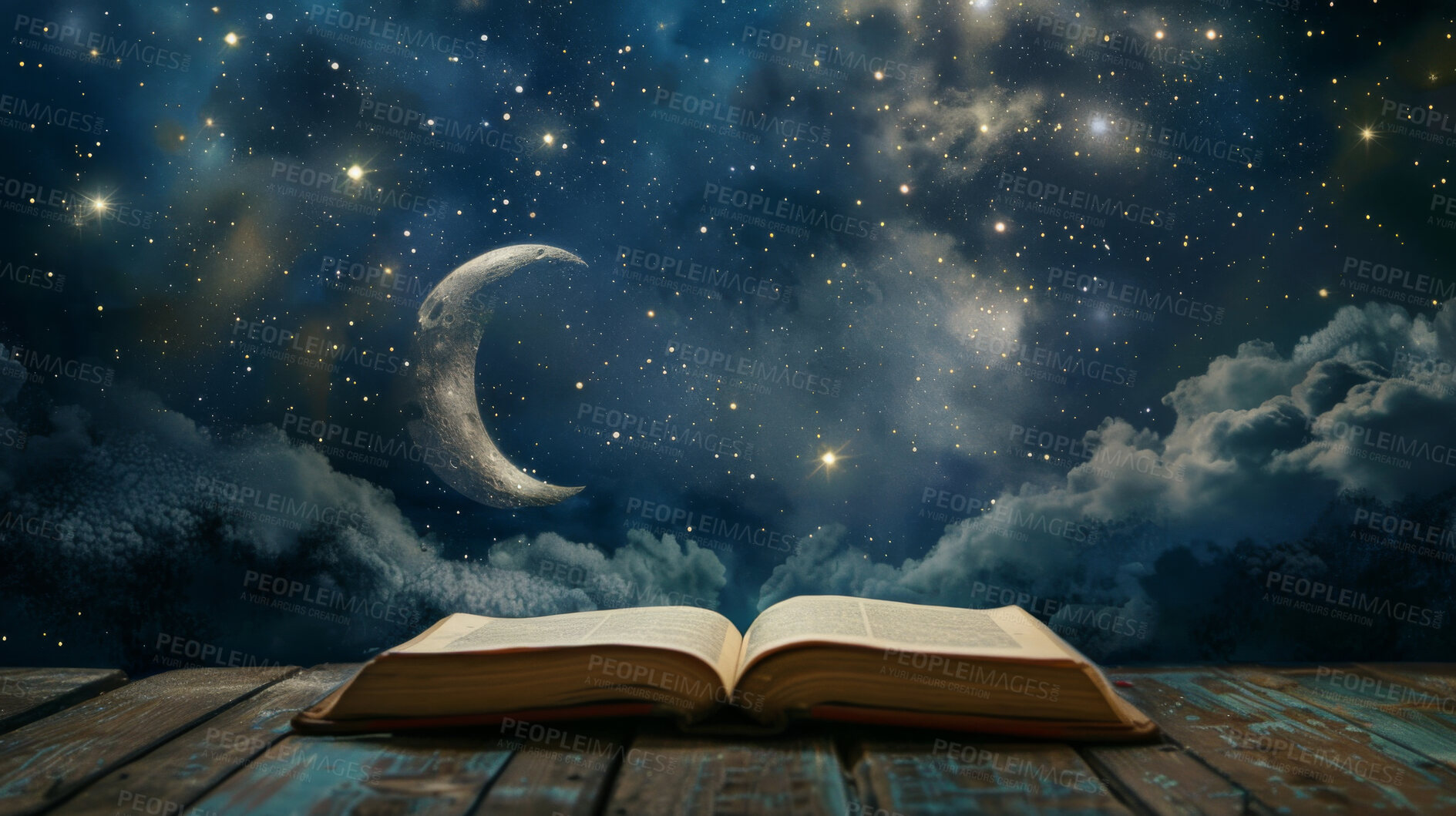 Buy stock photo Book, fantasy and night sky with magic story, imagination or adventure in knowledge, inspiration or bedtime tales. Reading, stars and moon in storytelling with galaxy, space and creative dream