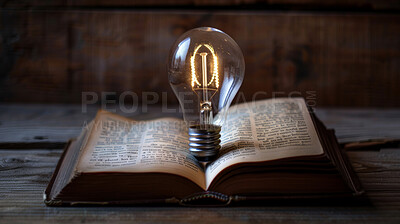 Book, education and light bulb for learning, knowledge and inspiration for opportunity in mind growth. Reading, insight and storytelling with idea development, information or creativity in literature