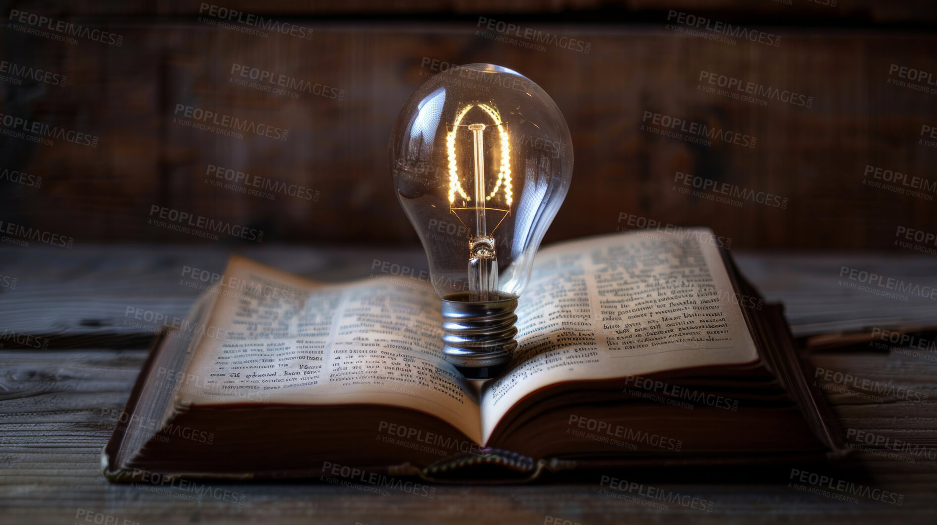 Buy stock photo Book, education and light bulb for learning, knowledge and inspiration for opportunity in mind growth. Reading, insight and storytelling with idea development, information or creativity in literature