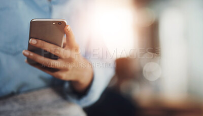 Buy stock photo Business, girl and smartphone in hand or office for trend research by creative agency for media internship and job. Phone, woman and online for post schedule, influencer outreach and content creation