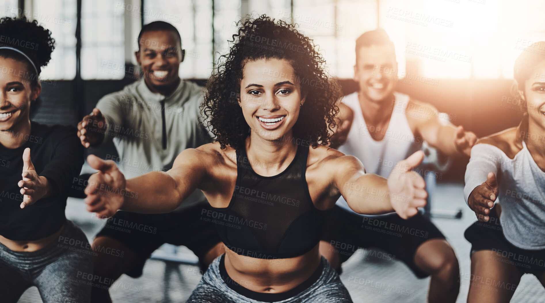 Buy stock photo Portrait, people and squat for fitness, friends and health with exercise, motivation and endurance. Face, group and happiness in wellness center, training and practice with instructor and routine